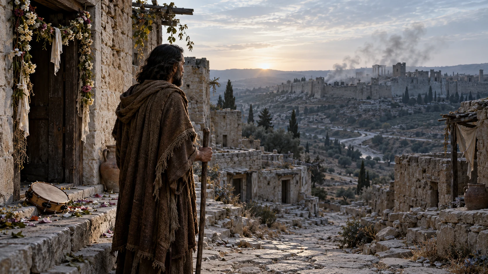 Jeremiah stands alone beside abandoned wedding garlands and a silent drum, looking toward distant ruined walls.