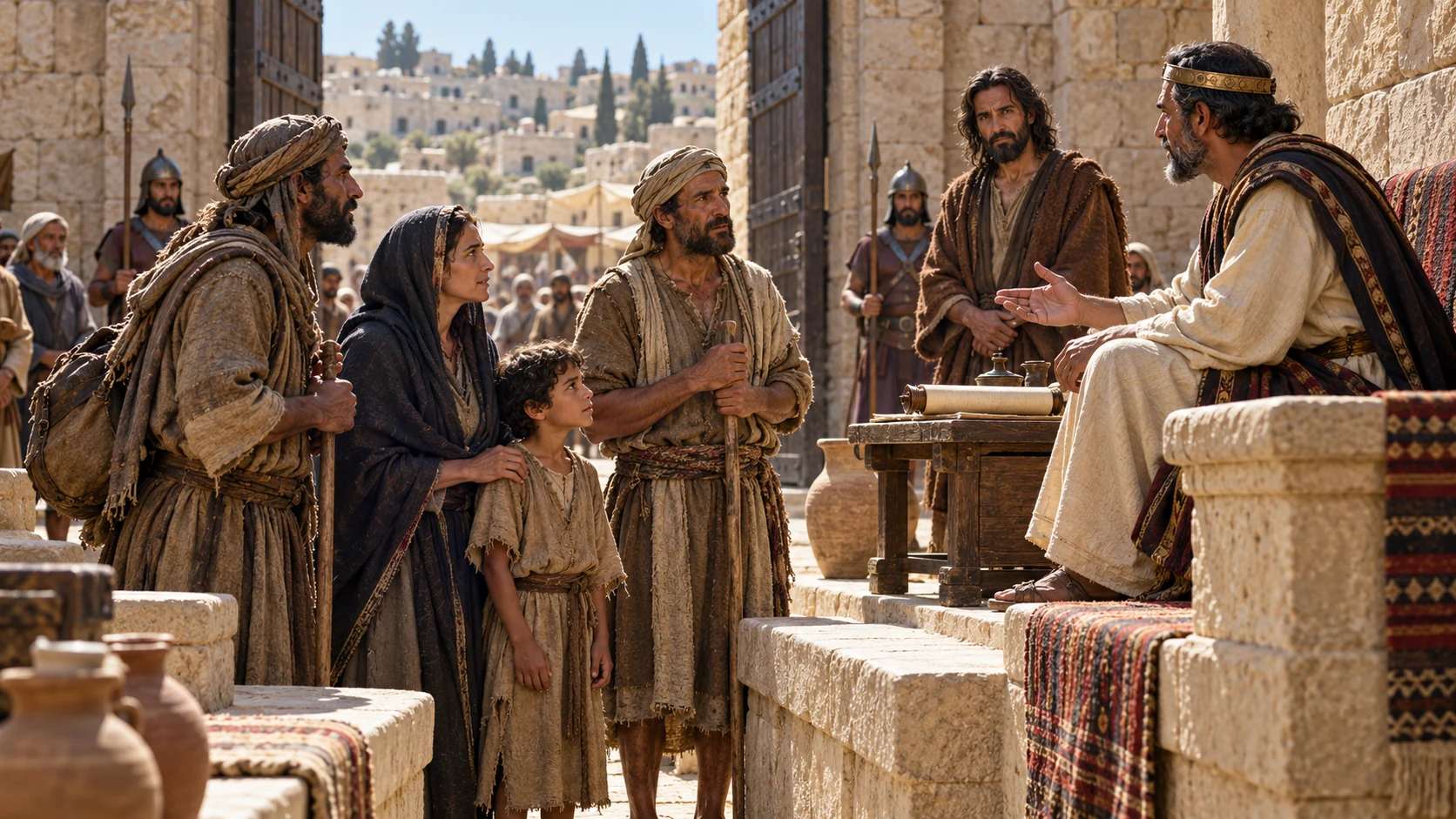 A gate magistrate listens to a foreign traveler, a widow and orphan, and a local farmer while Jeremiah watches.