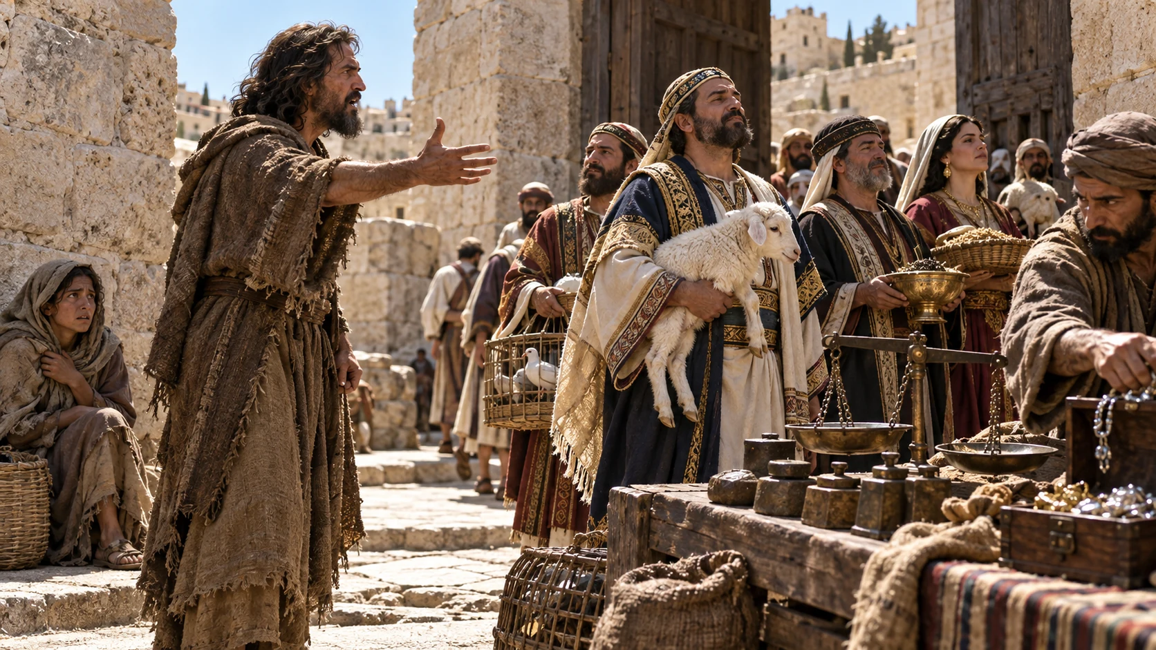 Jeremiah confronts prosperous pilgrims beside dishonest weights and stolen goods near the temple gate.