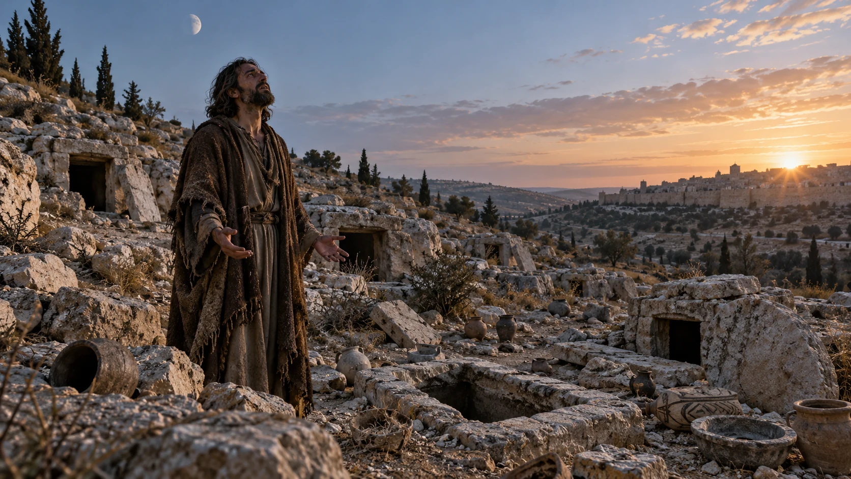 Jeremiah grieves among opened stone tombs and displaced burial vessels beneath the sun and moon.