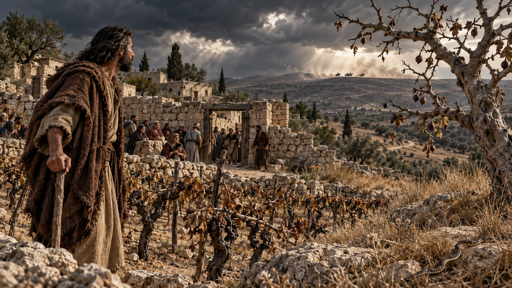 Jeremiah looks from a withered vine and fig tree toward distant riders as villagers gather at a gate.