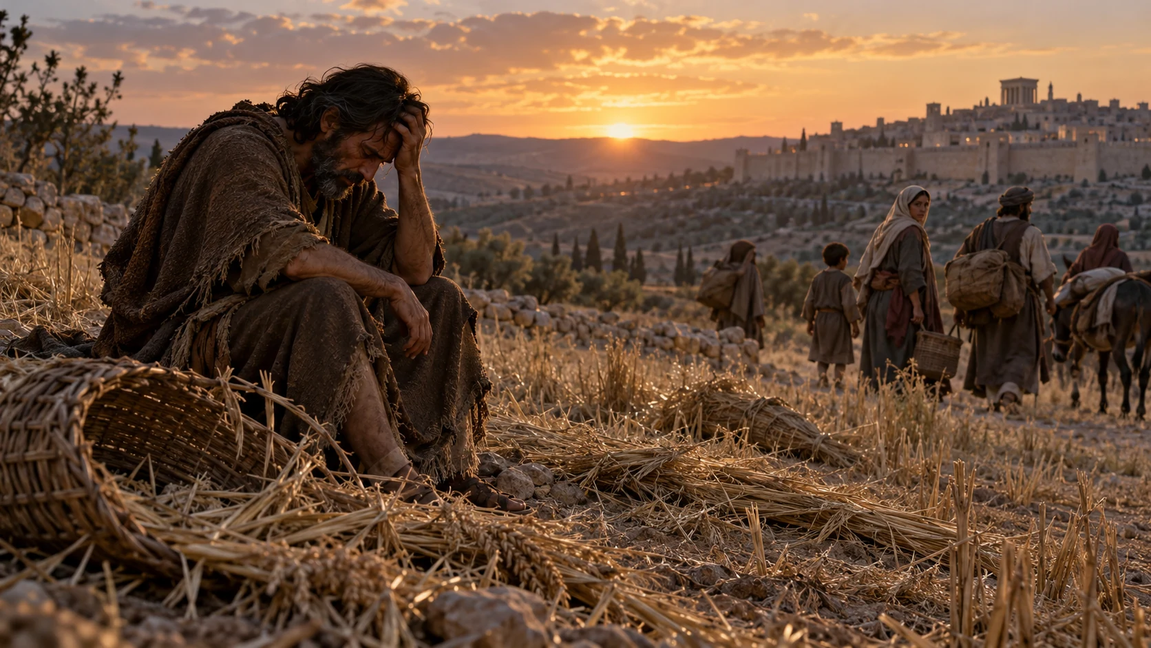 Jeremiah sits in an empty harvested field while displaced families walk toward the horizon.
