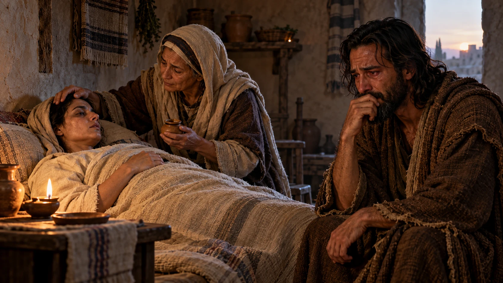 Jeremiah weeps beside a sick woman as a healer holds a jar of balm.