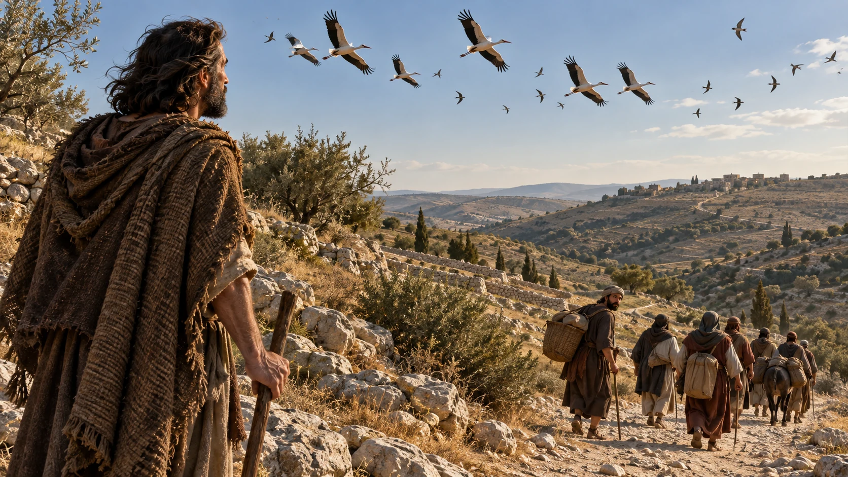 Jeremiah watches storks and swifts above travelers moving away along a dusty road.