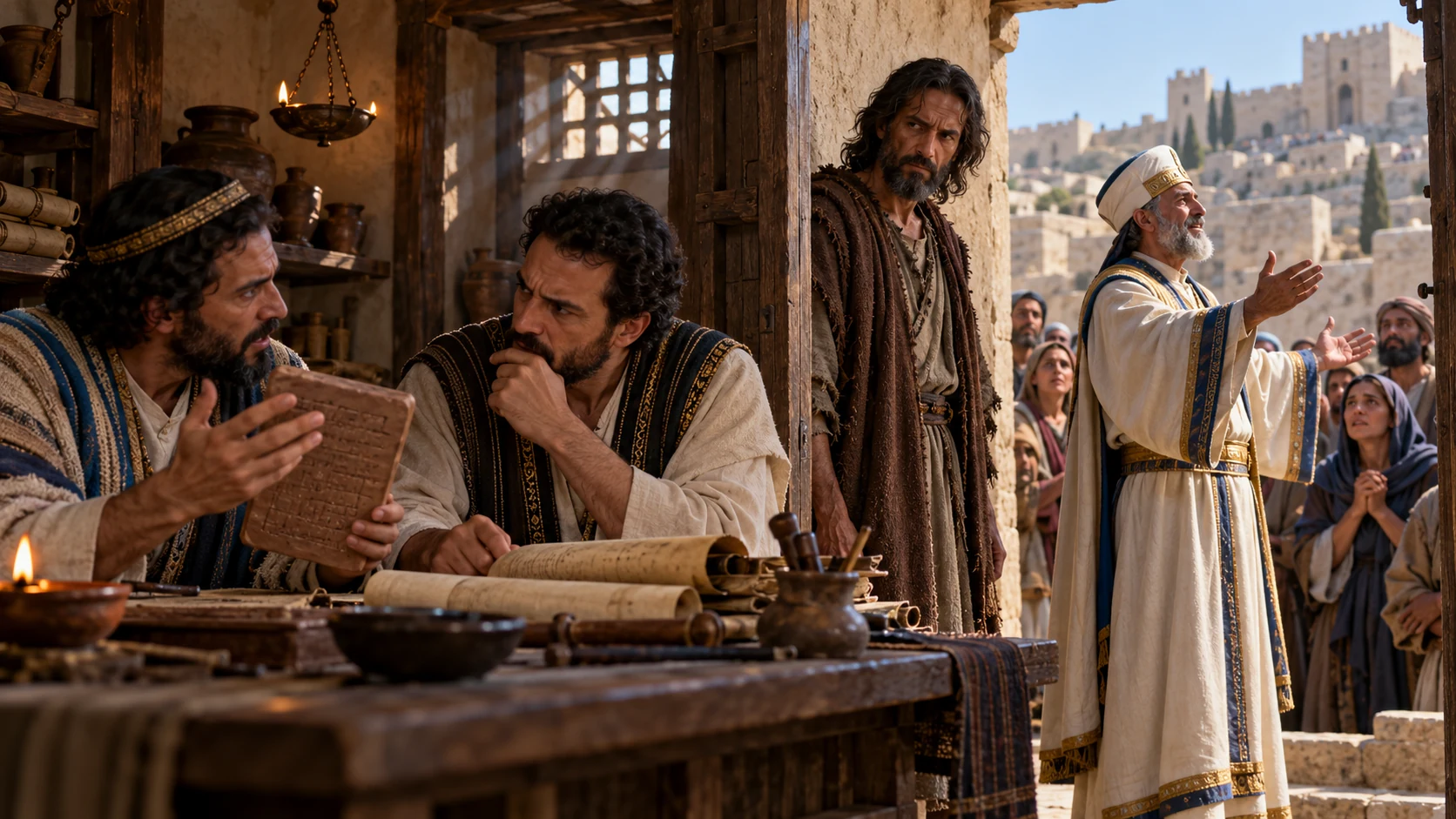 Scribes argue over a tablet and scroll while a confident priest reassures a crowd and Jeremiah watches.