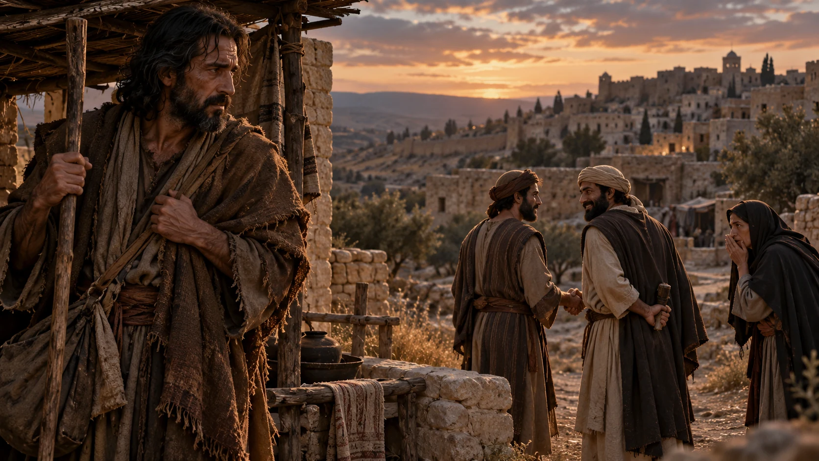 Jeremiah stands by a travelers shelter while neighbors exchange false smiles and rumors.