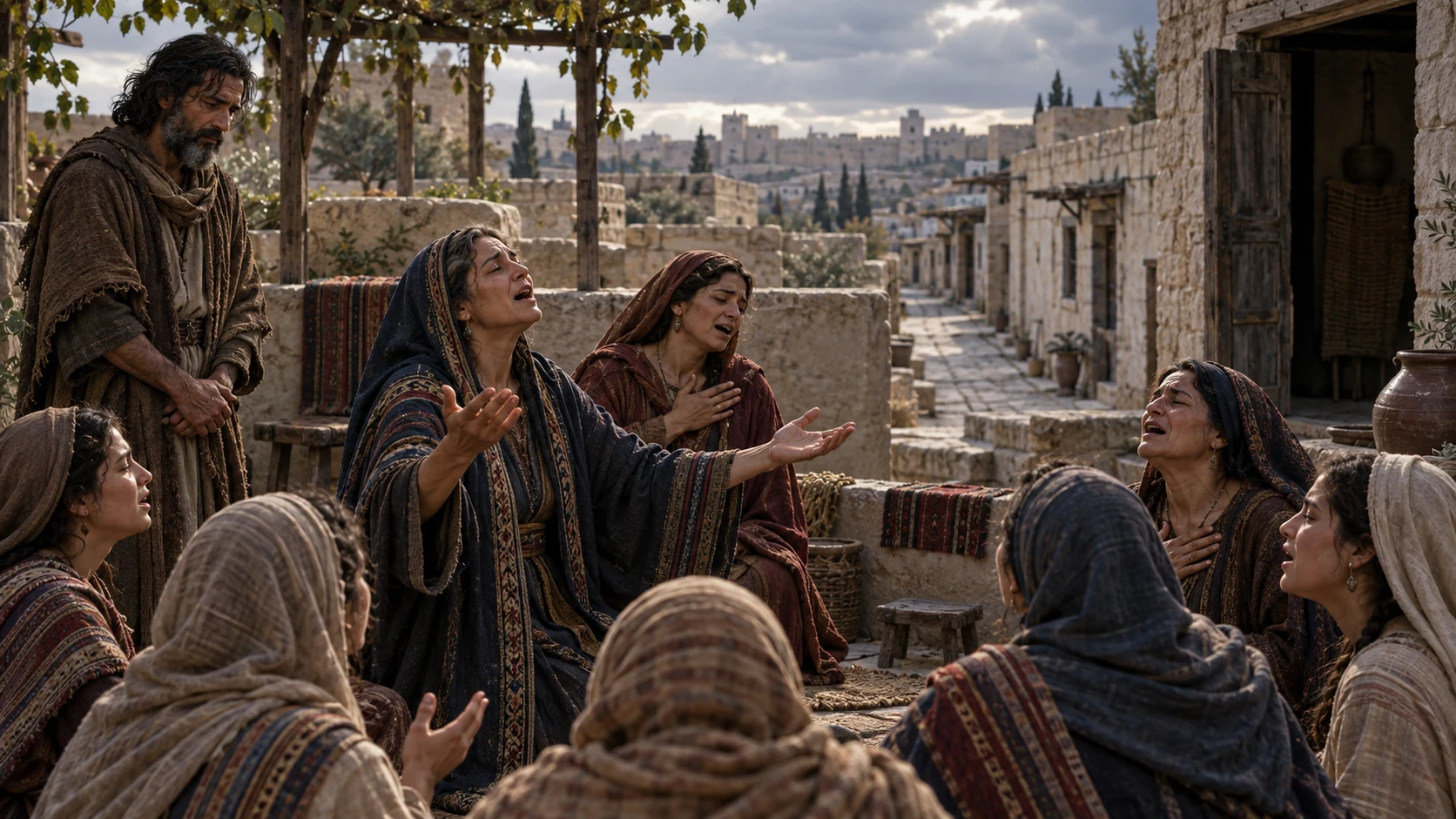 Adult women lead a courtyard lament and teach younger women while Jeremiah stands with them.