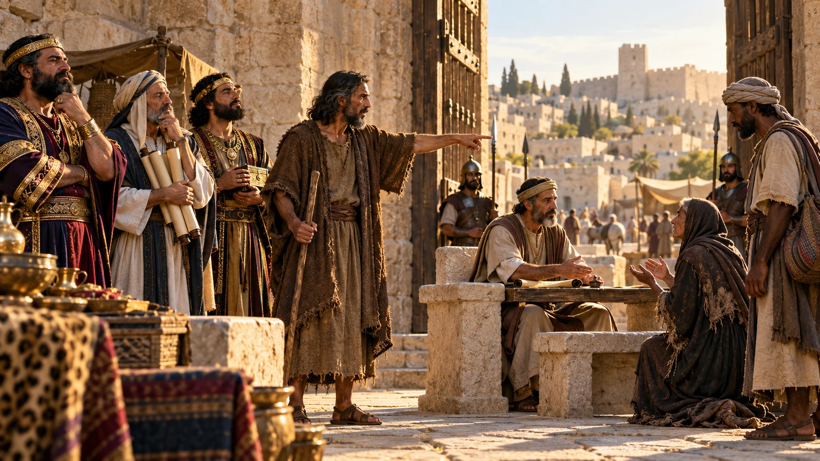 Jeremiah points past status figures to a fair hearing for a widow and foreign traveler at a city gate.