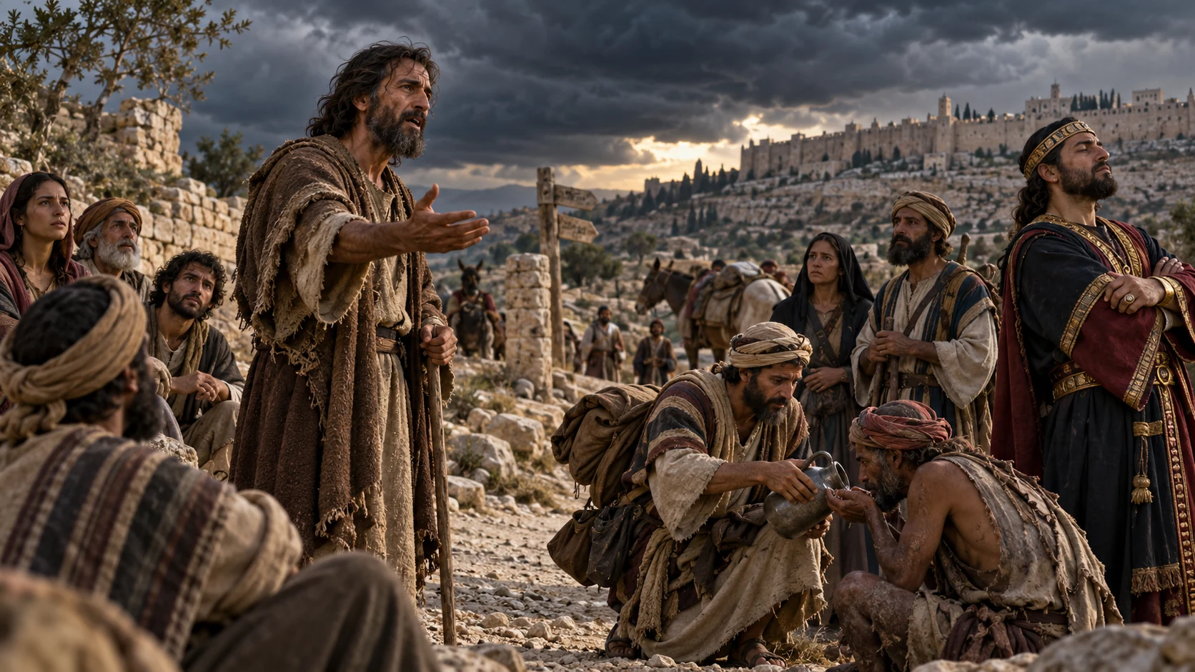 Jeremiah addresses travelers from different lands while one helps a thirsty stranger and an official turns away.