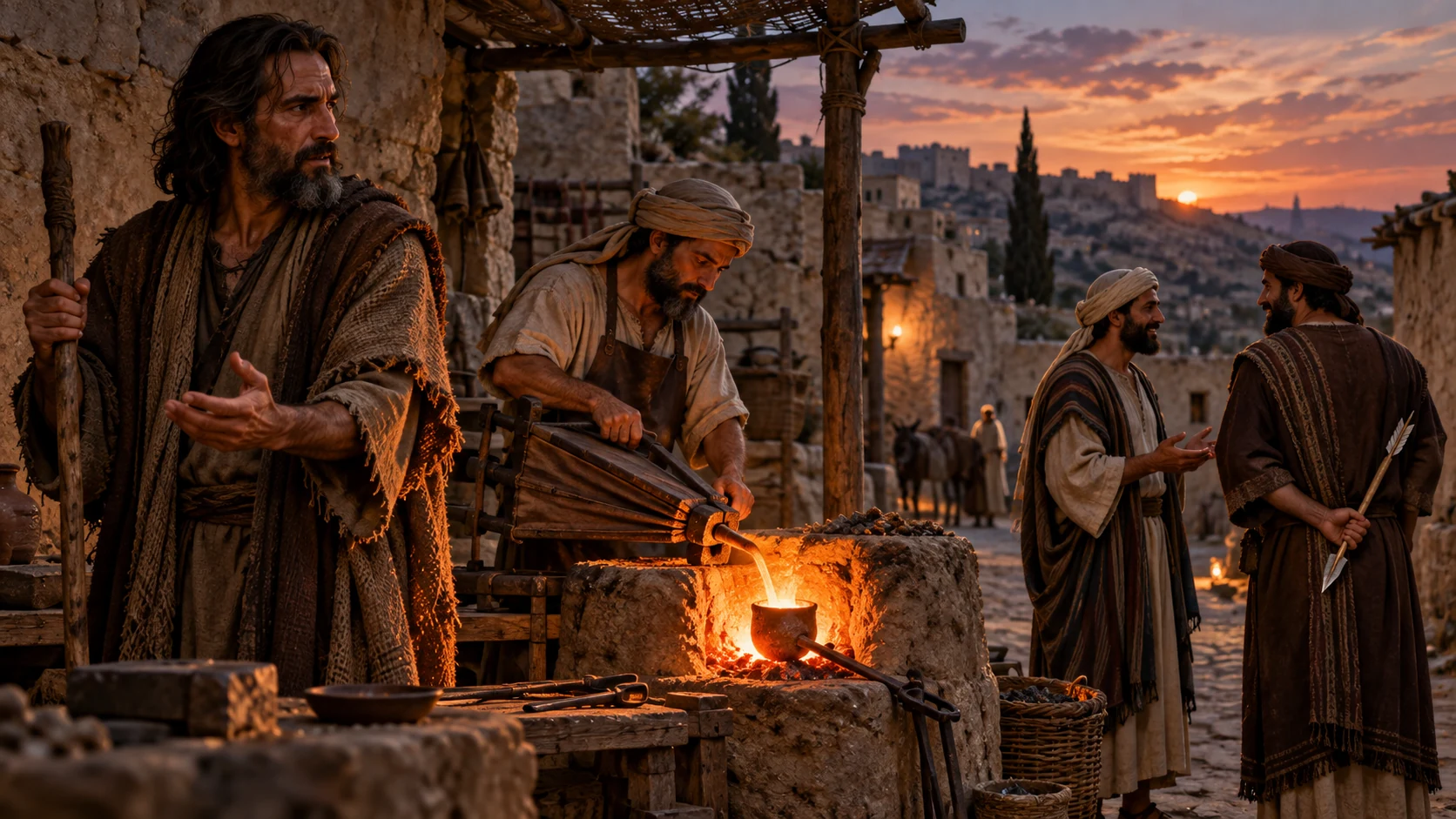 Jeremiah watches a metalworker refine ore as two neighbors speak politely and one conceals an arrow.