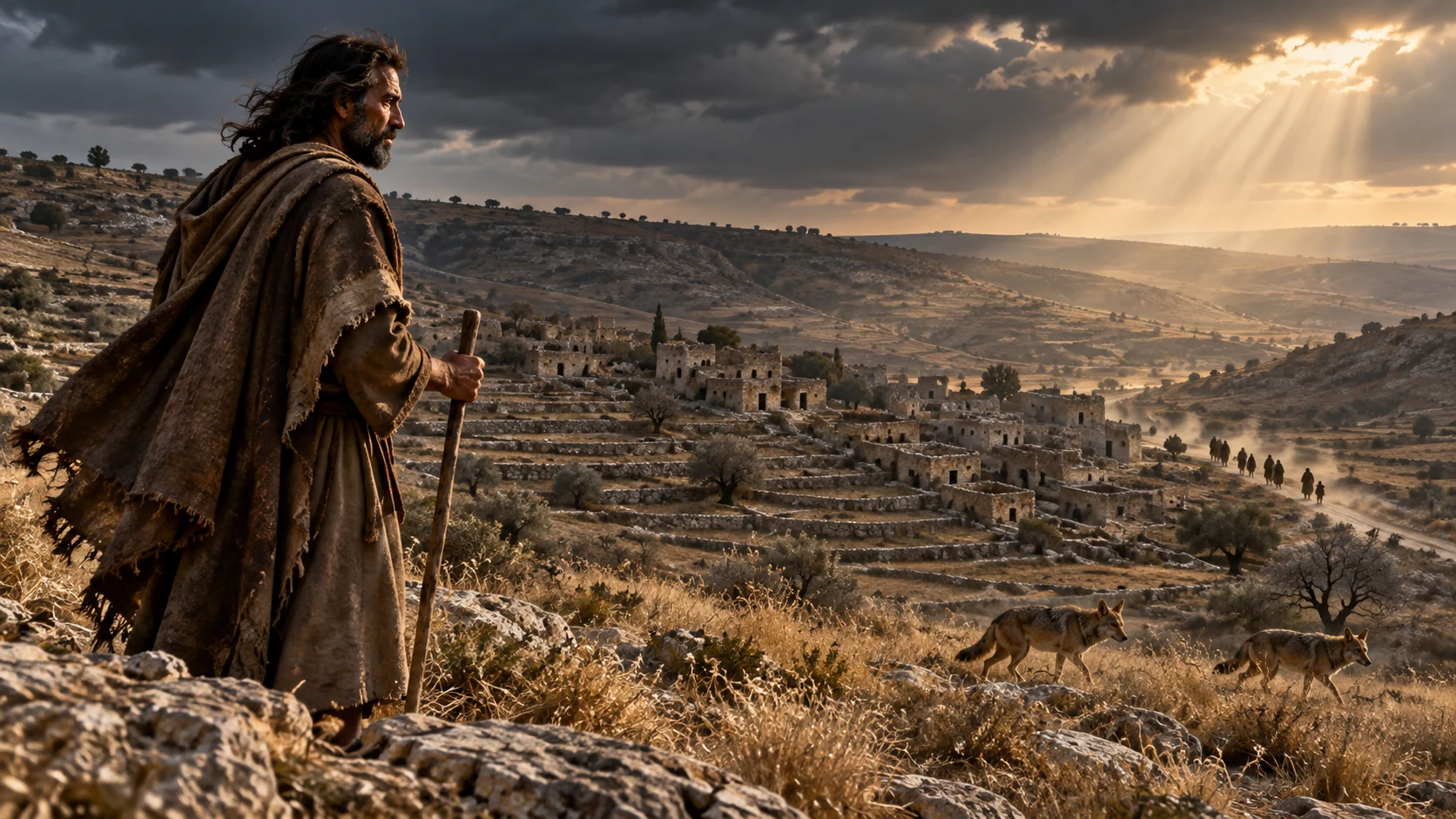 Jeremiah surveys empty Judean terraces, distant travelers, and jackals in a prophetic vision.