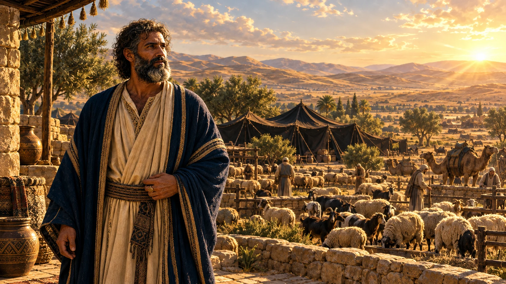 Job with his livestock and household in Uz at dawn.