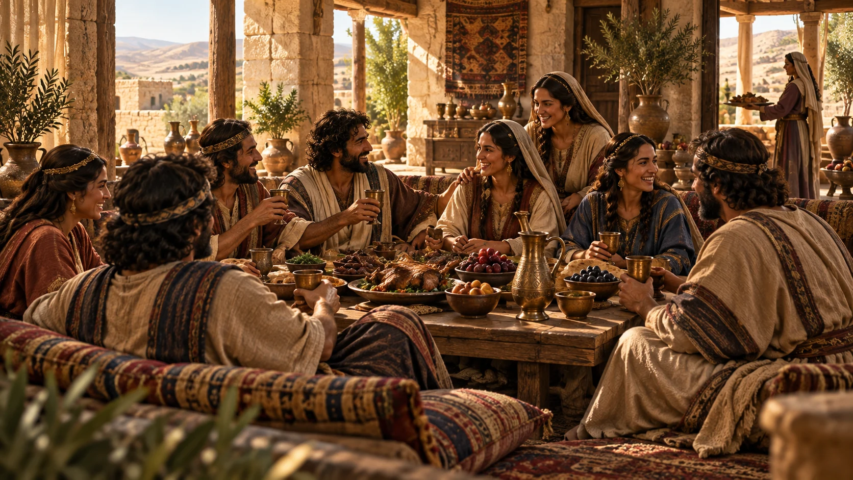 Adult siblings feast together around a low table in an Uz house.