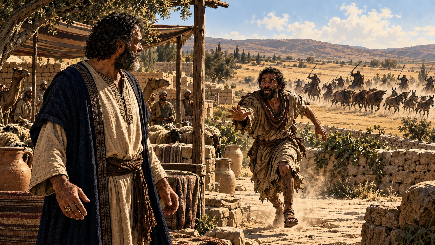 A messenger rushes to Job as raiders drive livestock away in the distance.