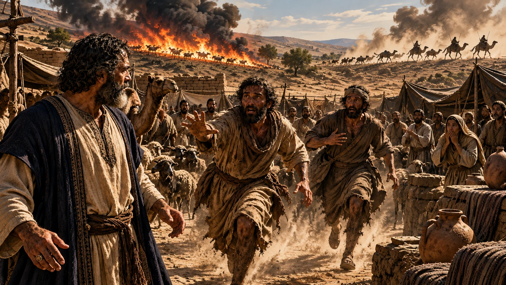 Two messengers run toward Job with fire and fleeing camels in the distance.