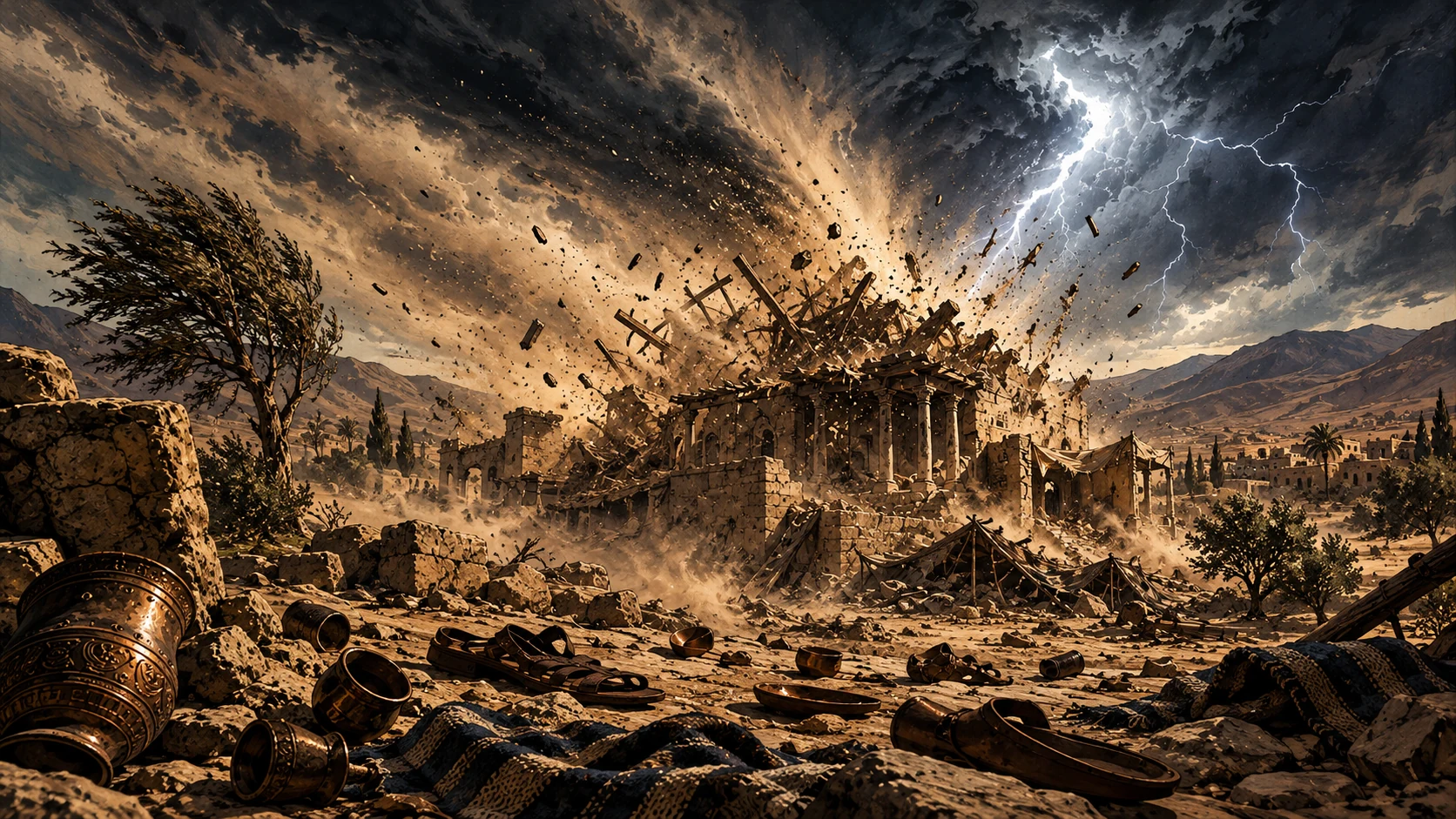 A fierce wind destroys the house; no bodies are shown.