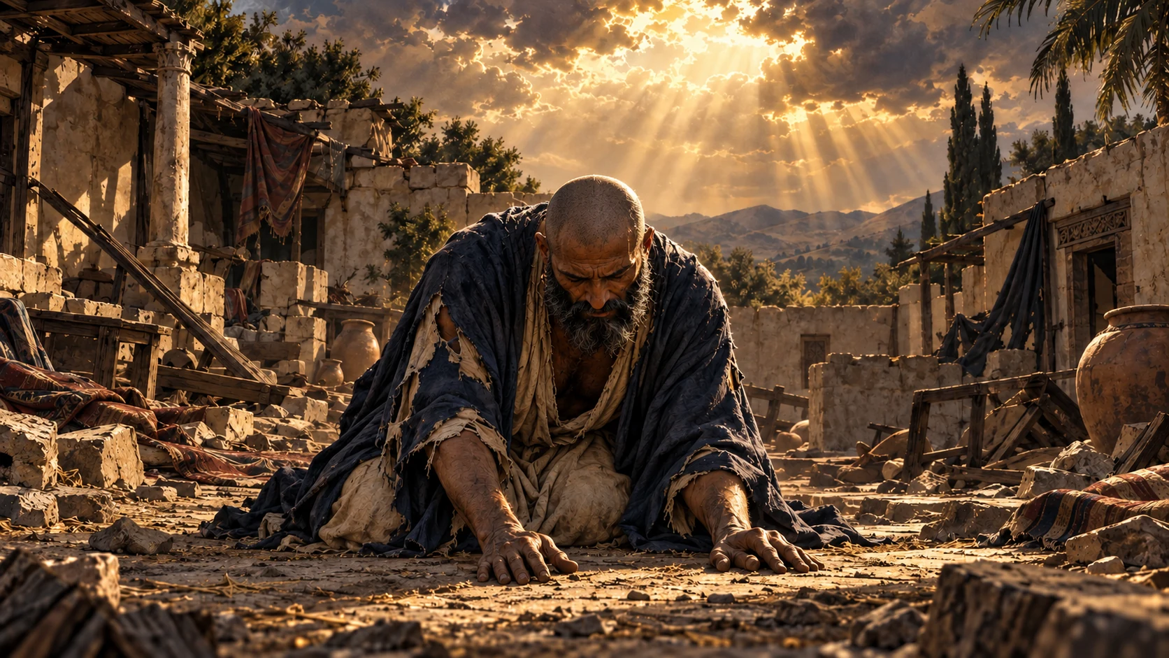 Shaven-headed Job in a torn indigo mantle kneels amid ruins in worship.