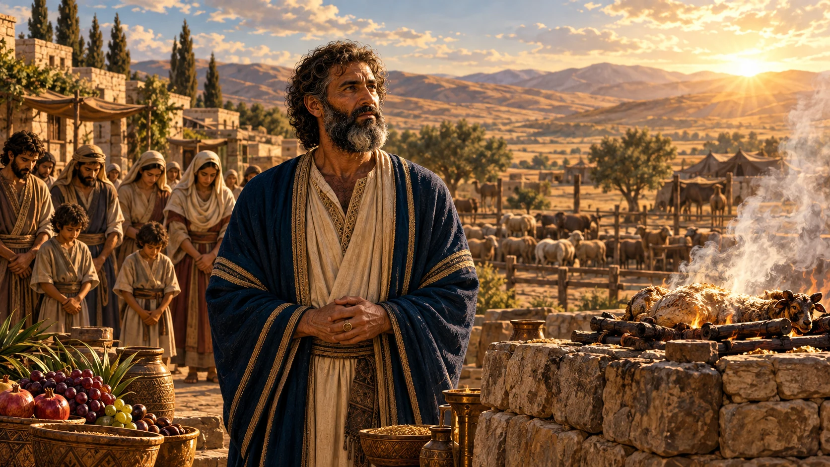Job before an outdoor altar at dawn, with family and flocks behind him.