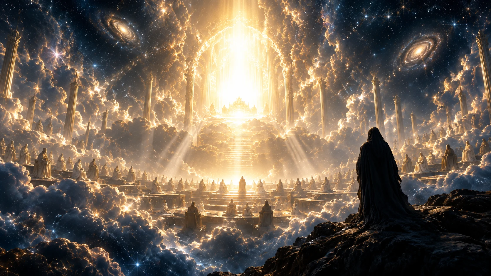 An obscured figure at the edge of a luminous heavenly court.