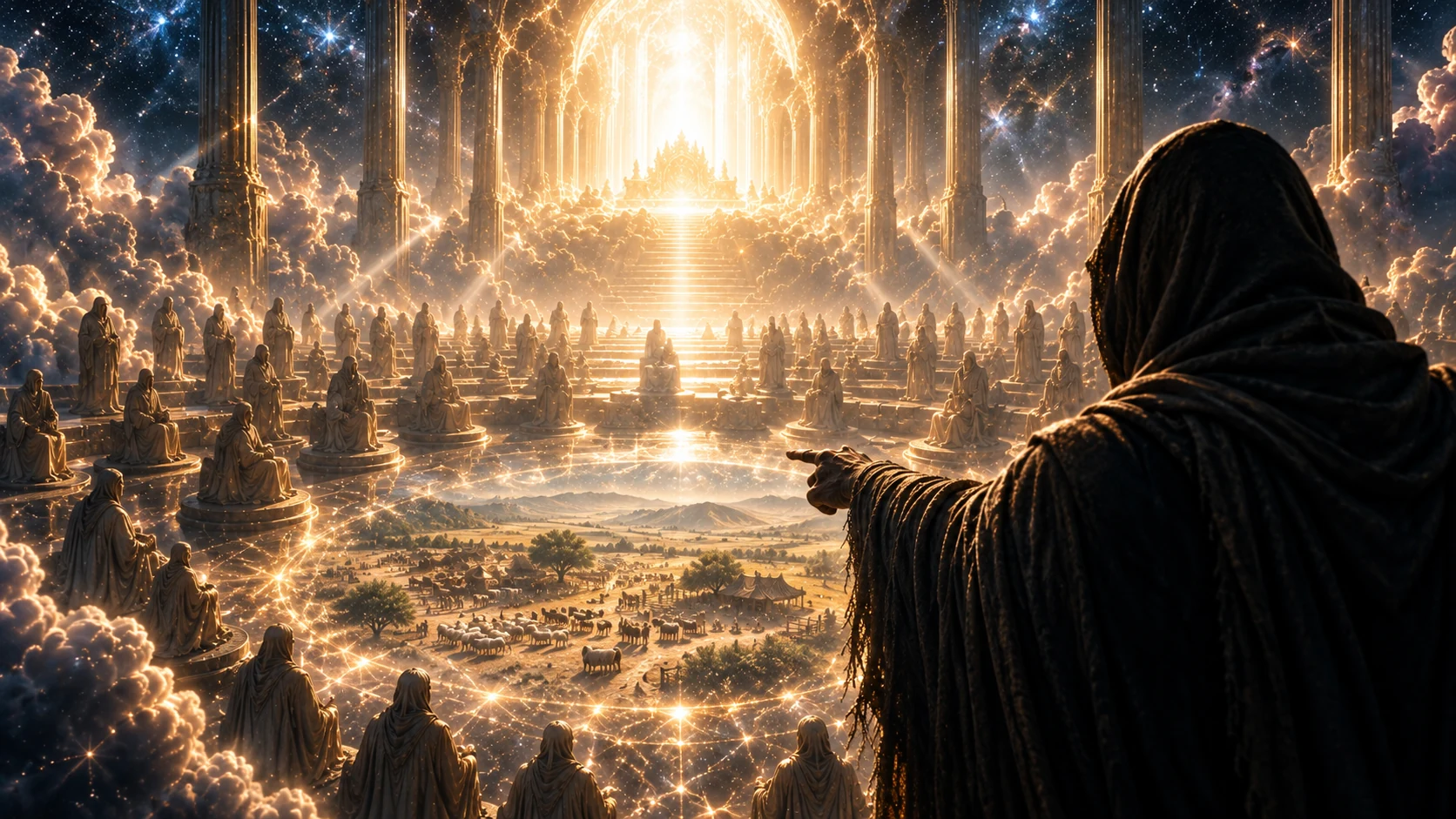 The cloaked Adversary gestures toward a vision of Job’s estate.