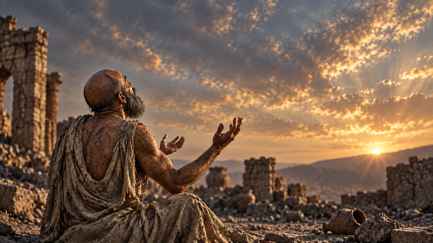 Job raises his hands toward an empty dawn sky from the ruins of his home.