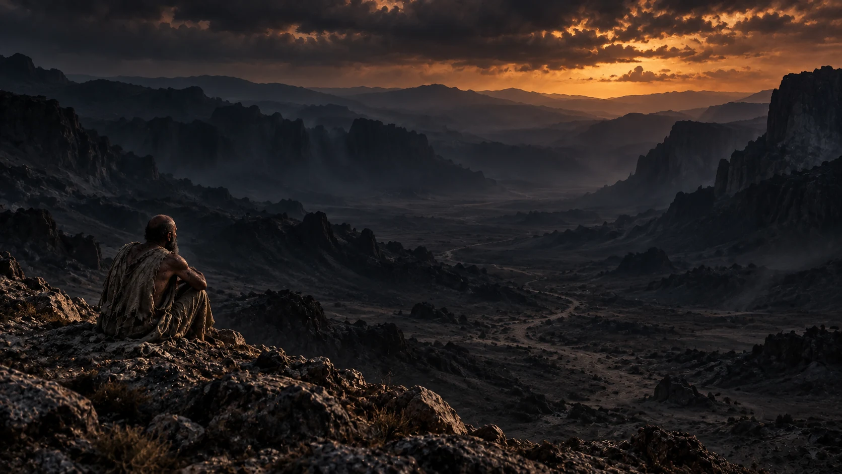 Job watches a dark valley from a near ridge at twilight.