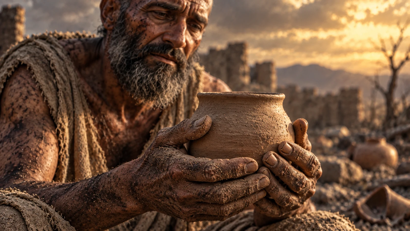Job holds a simple clay vessel with wounded hands.