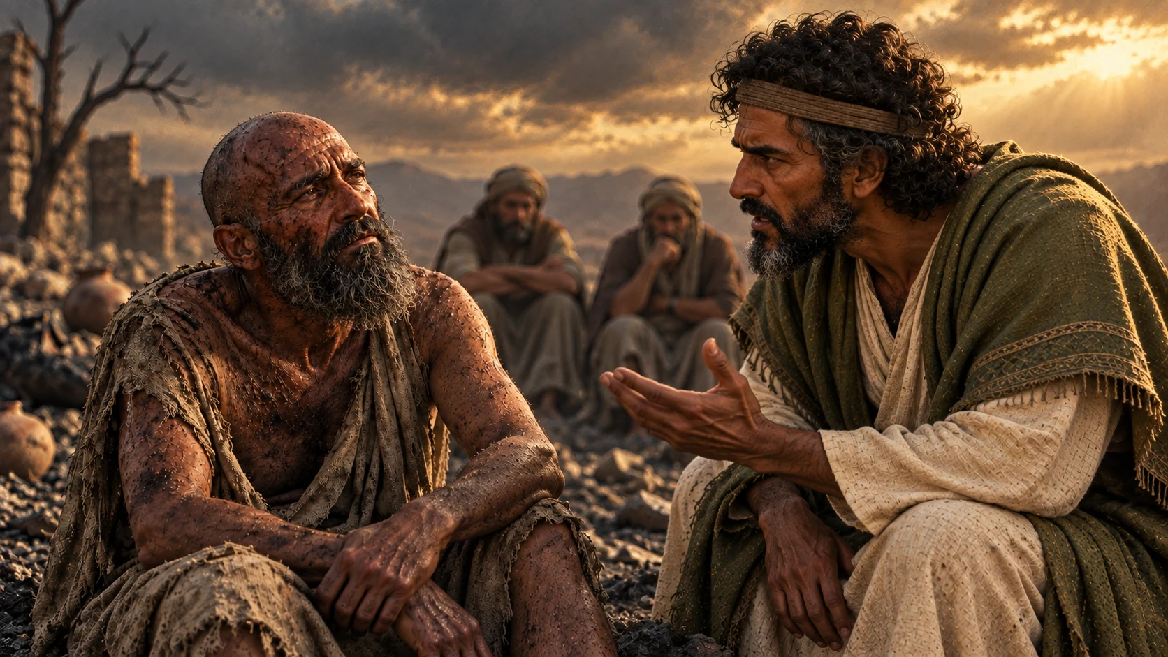 Zophar in an olive-green mantle addresses afflicted Job, with two friends behind them.