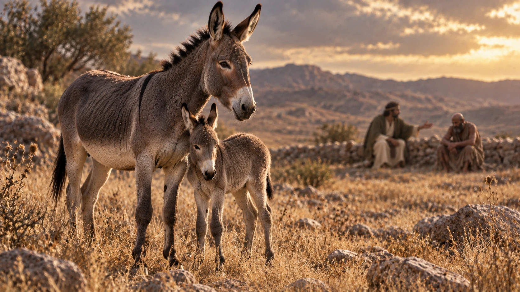 A donkey and colt stand in a dry meadow while Zophar and Job speak in the distance.