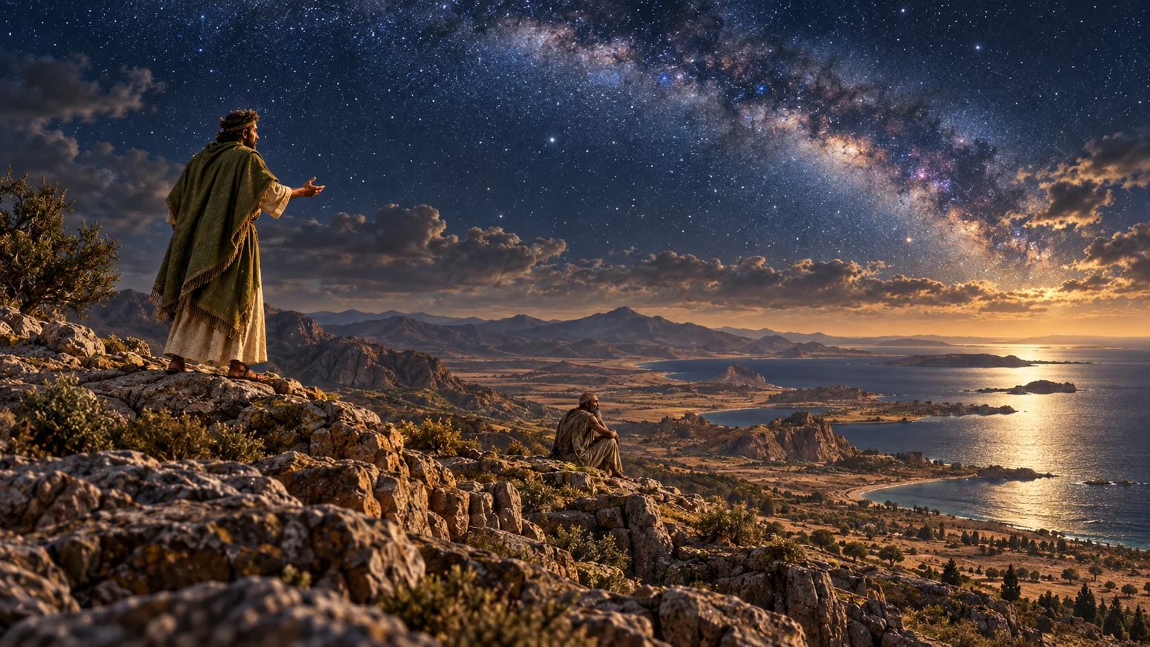 Zophar and Job appear small on a ridge above a vast sea and starry sky.
