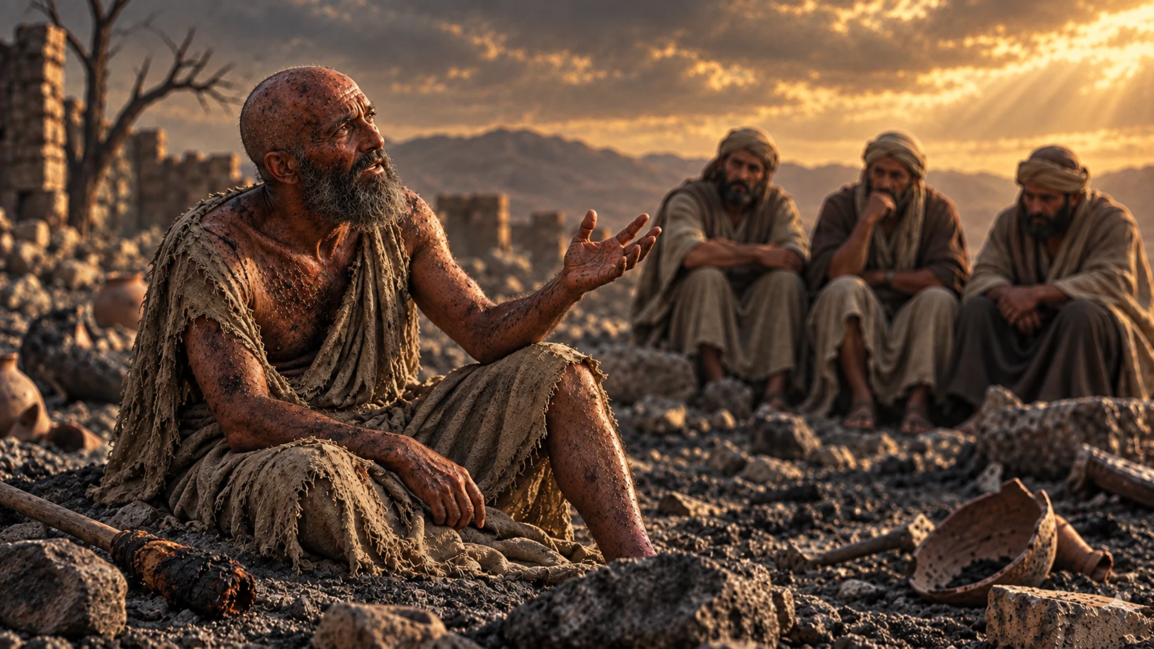 Job speaks firmly to his three seated friends among ashes.