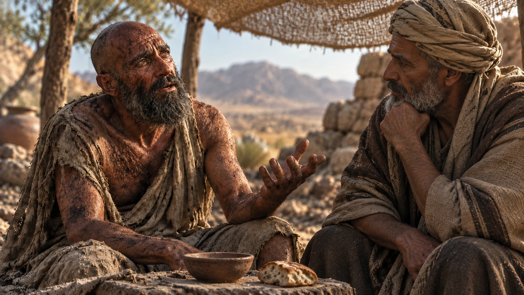 Job speaks to a silent older friend, with bread and a bowl in the foreground.