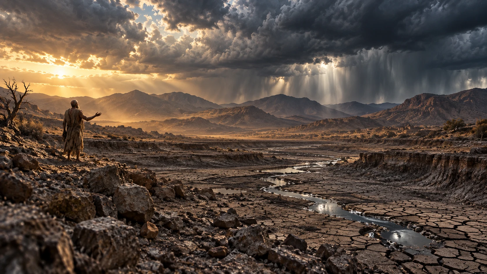 Job speaks at the edge of a dry riverbed beneath distant storm clouds.