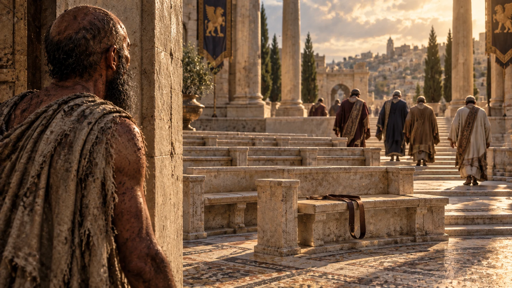 Job watches advisors leaving an ancient council courtyard.