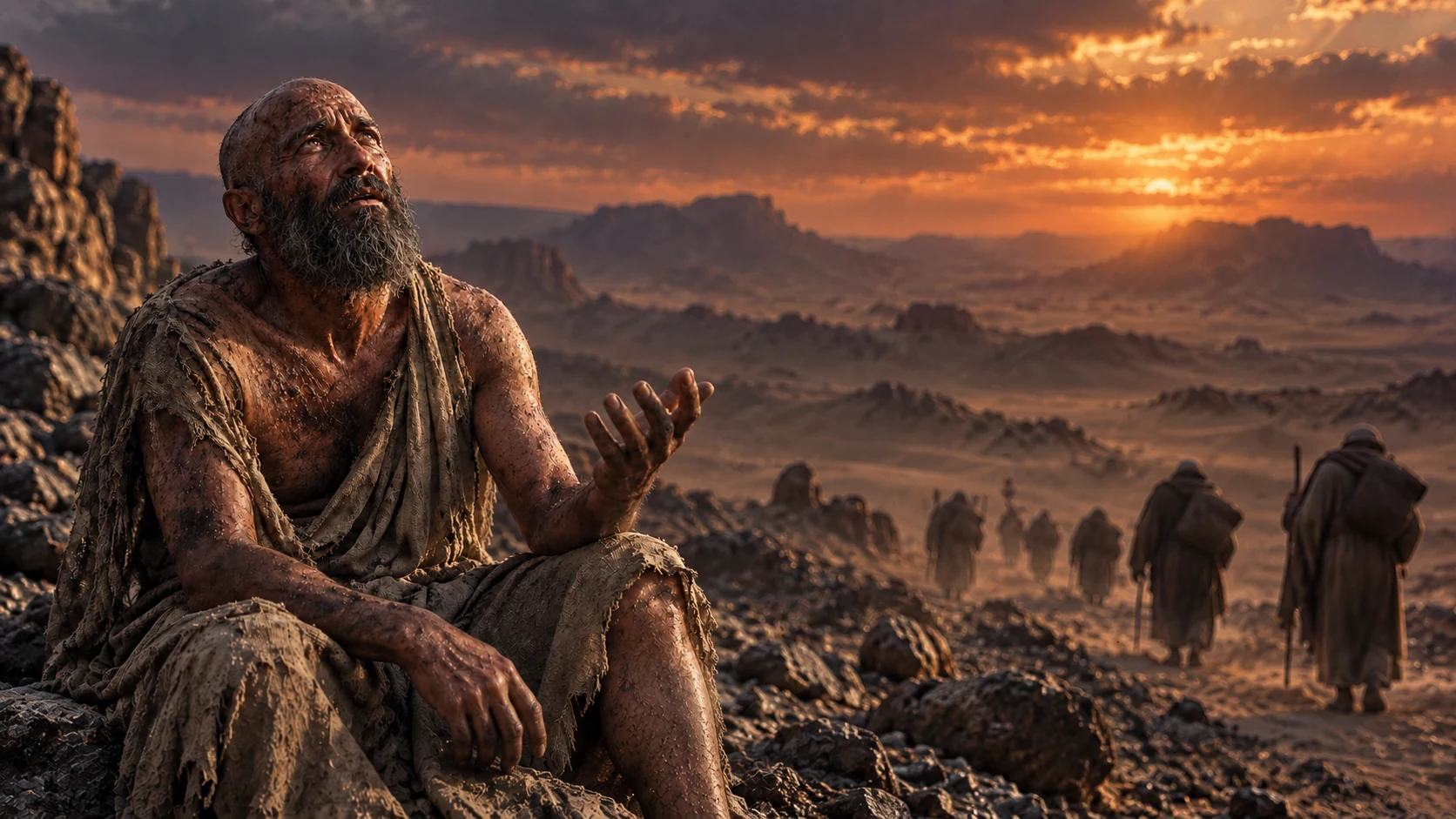 Job speaks as distant travelers move into a shadowed desert.