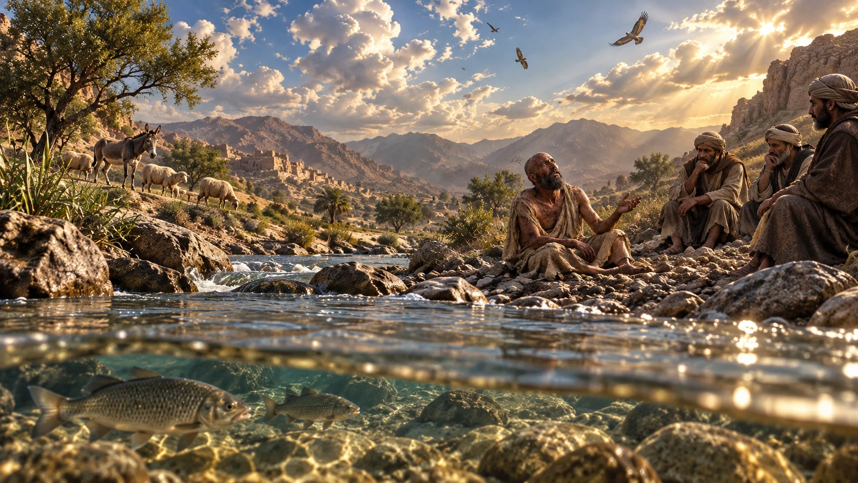 Fish, birds and grazing animals share a river landscape while Job speaks to his friends.