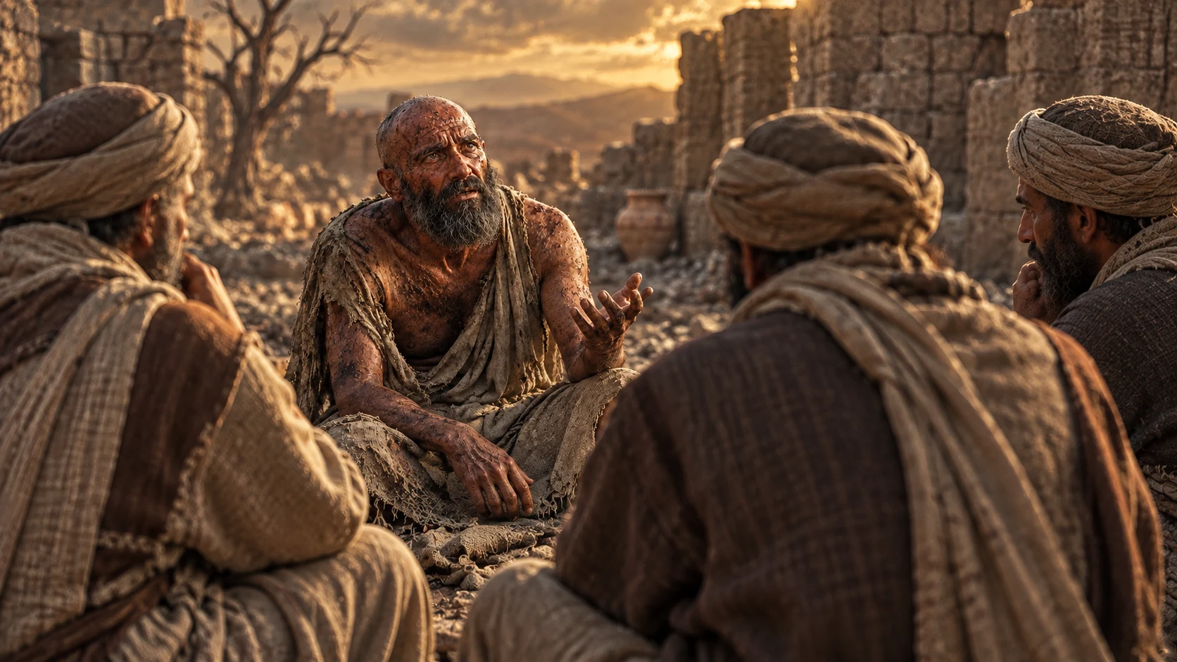 Job speaks to his three silent friends among ashes.
