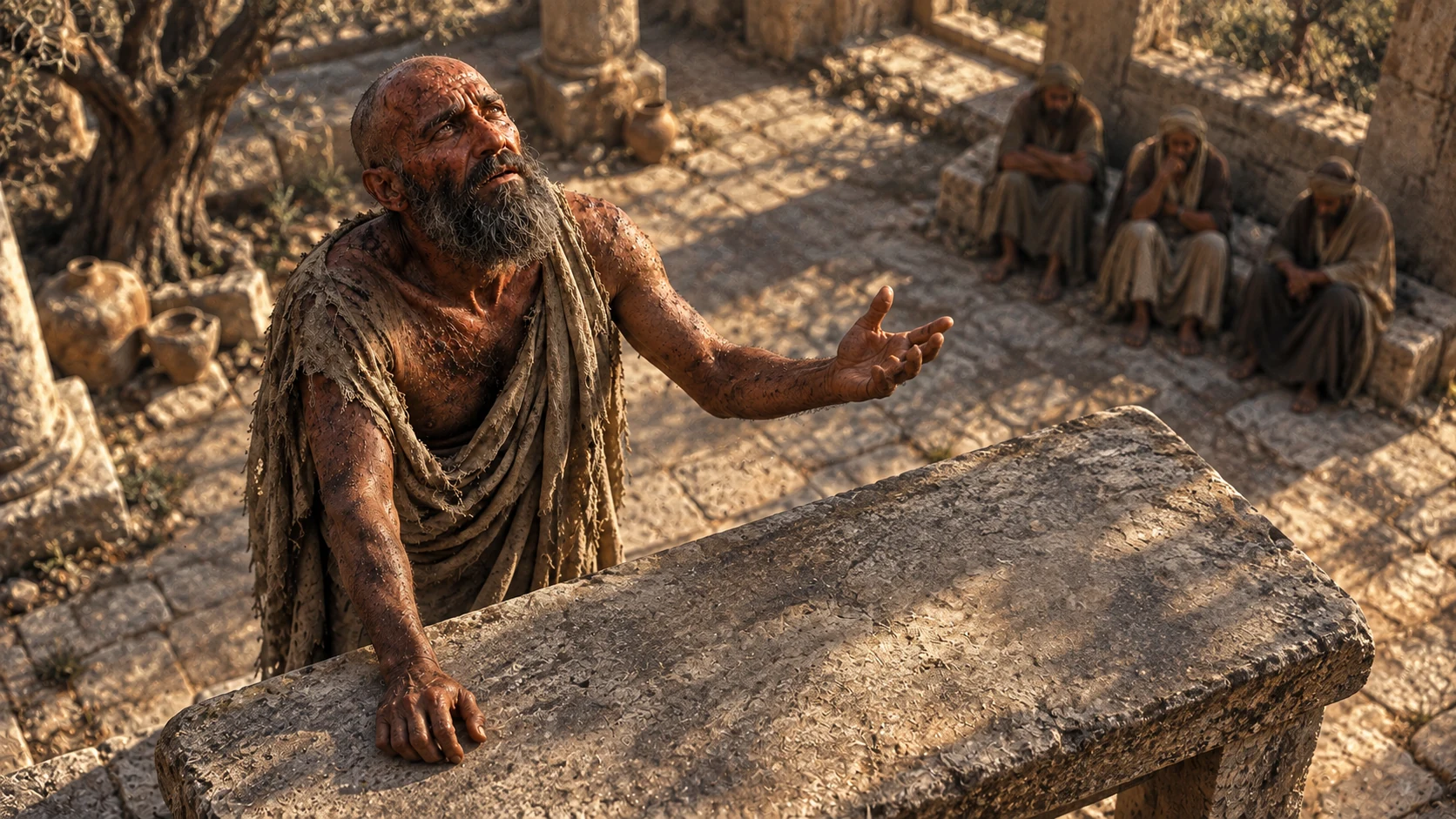 Job stands by an empty stone table while his friends listen from the far wall.