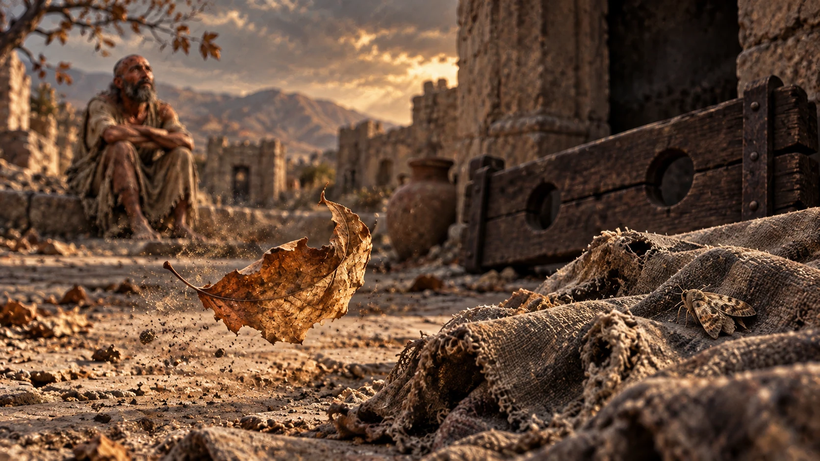 A dry leaf blows past an empty stock and worn garment as Job sits in the distance.