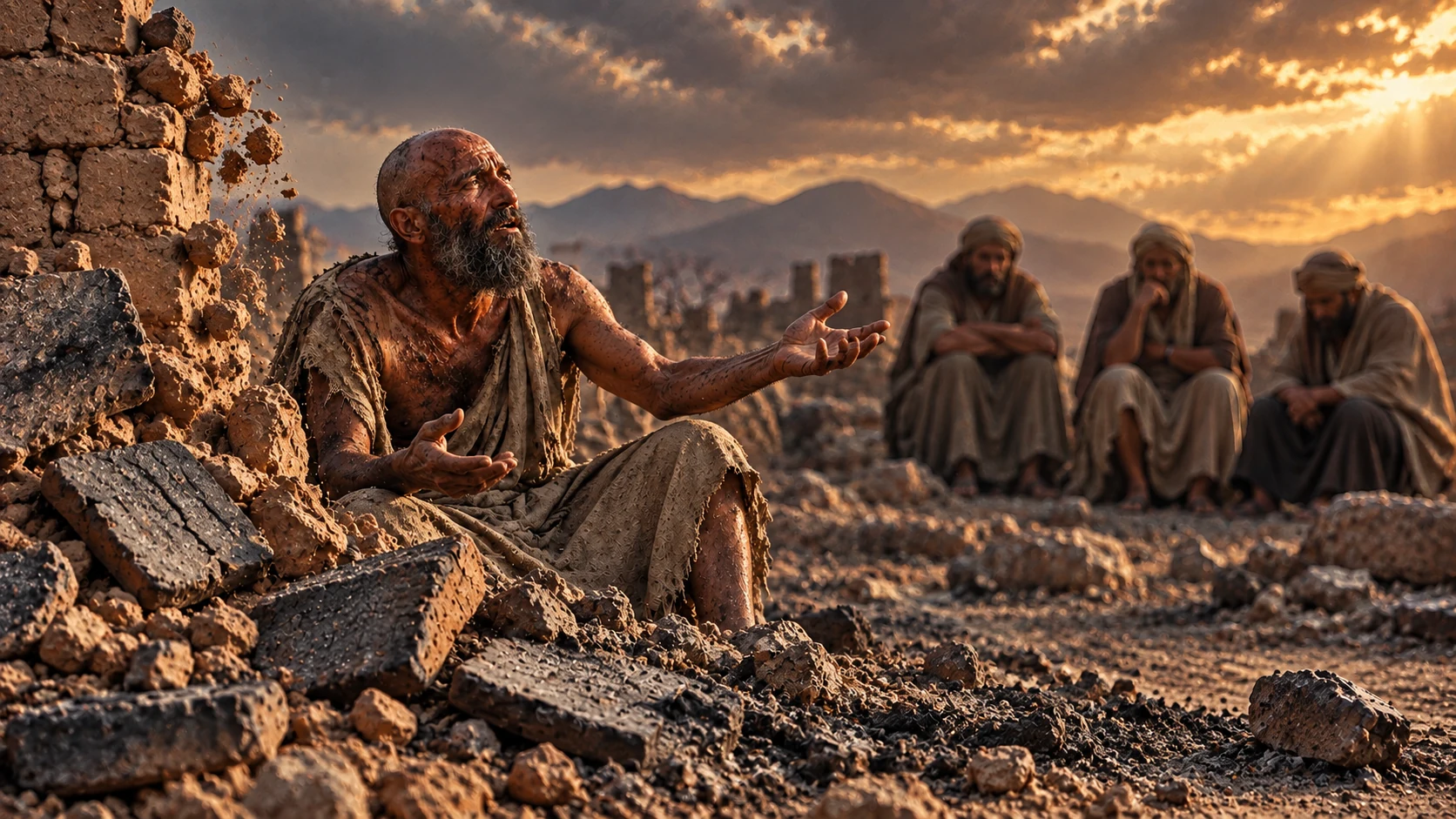 Job speaks beside a fragile broken clay wall while friends listen.