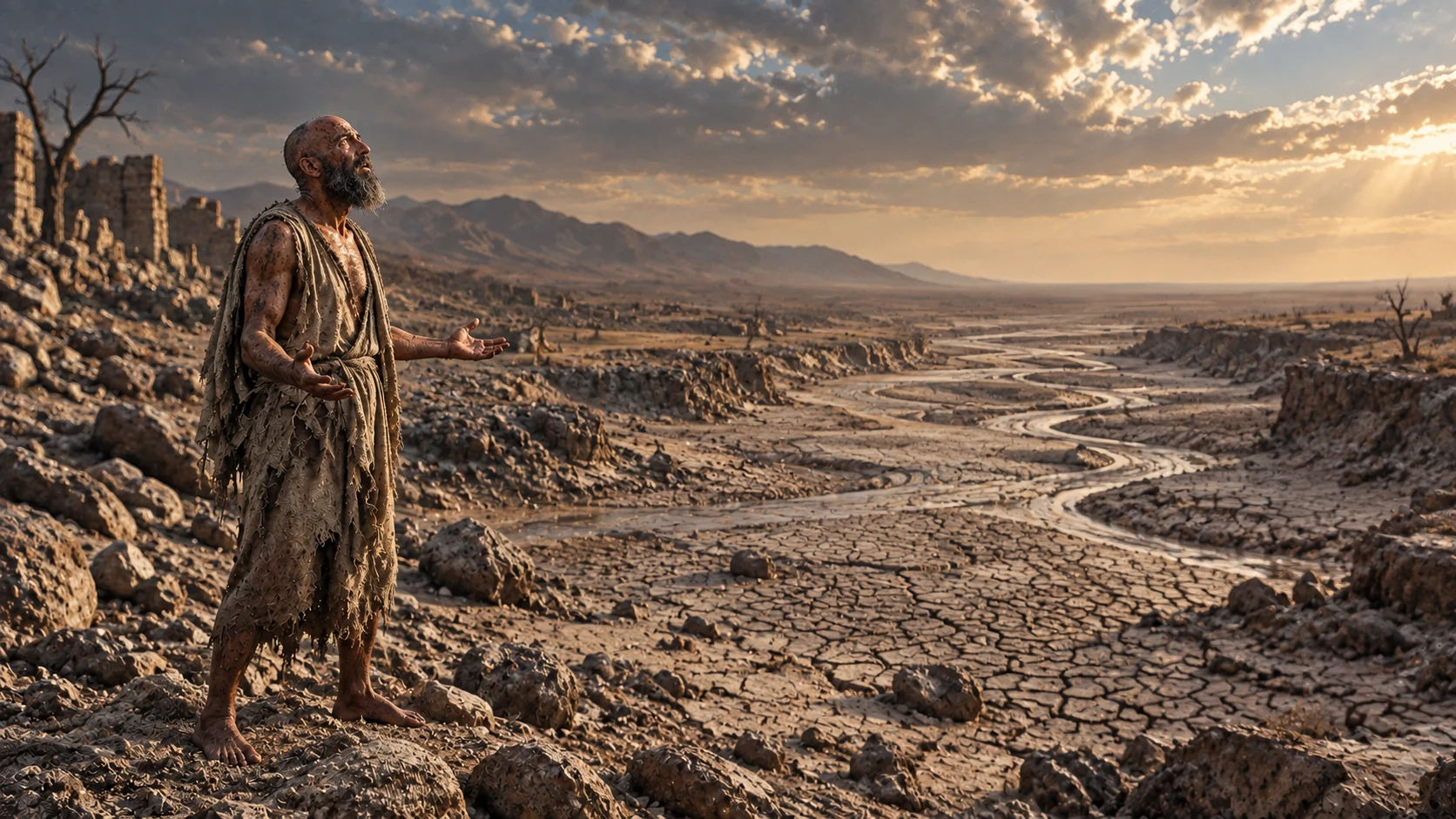 Job stands alive by a dry riverbed under a thinning sky.