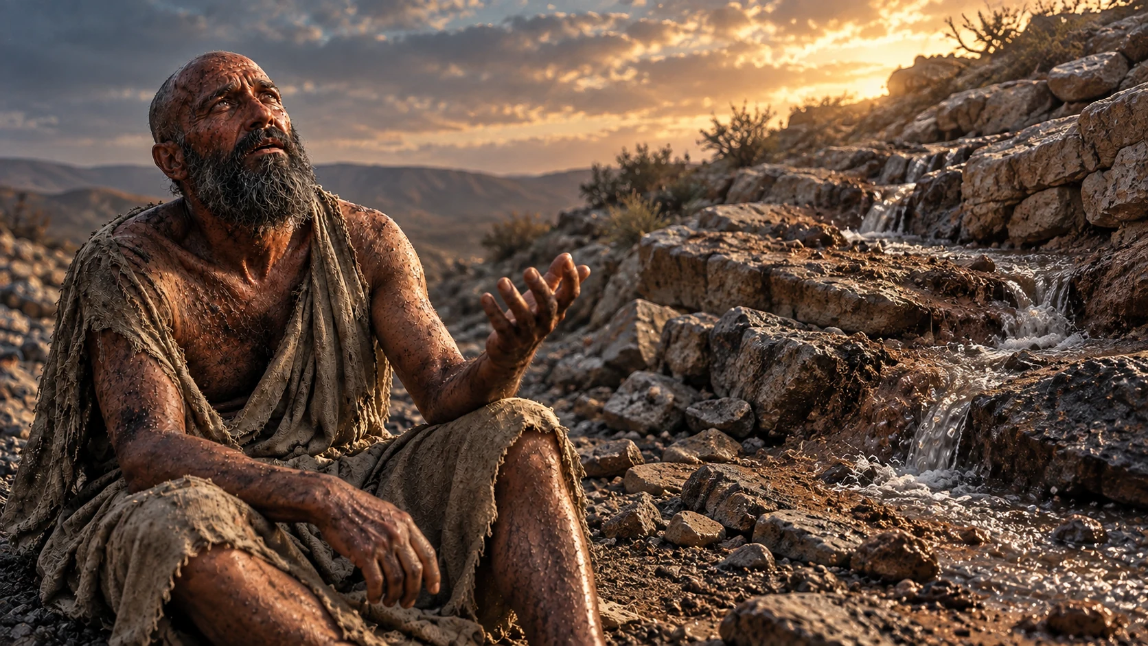 Job sits beside a faceless rocky hill where water wears away stone.