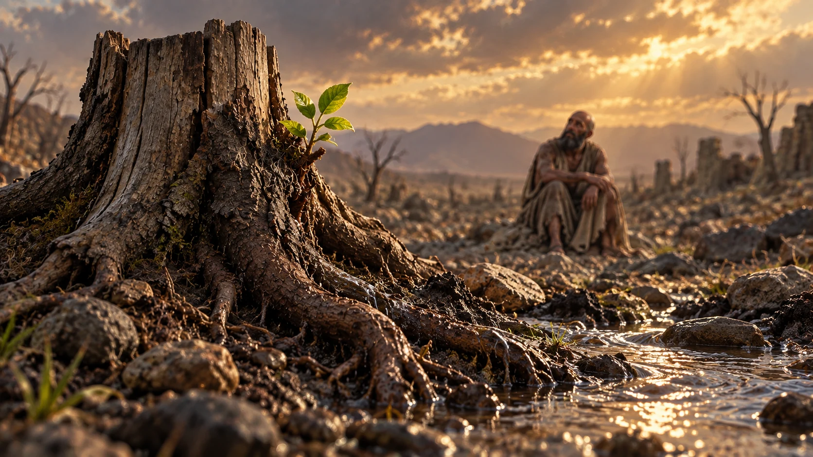 A green shoot emerges from an old stump beside water while Job watches in the distance.