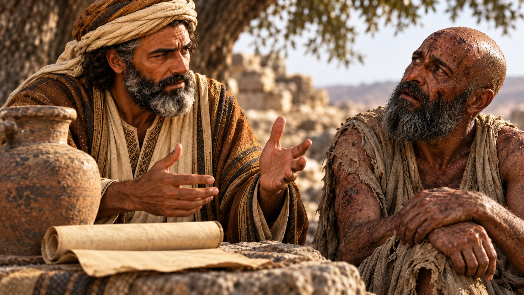 Eliphaz speaks beside unlettered parchment and a clay vessel; Job listens.