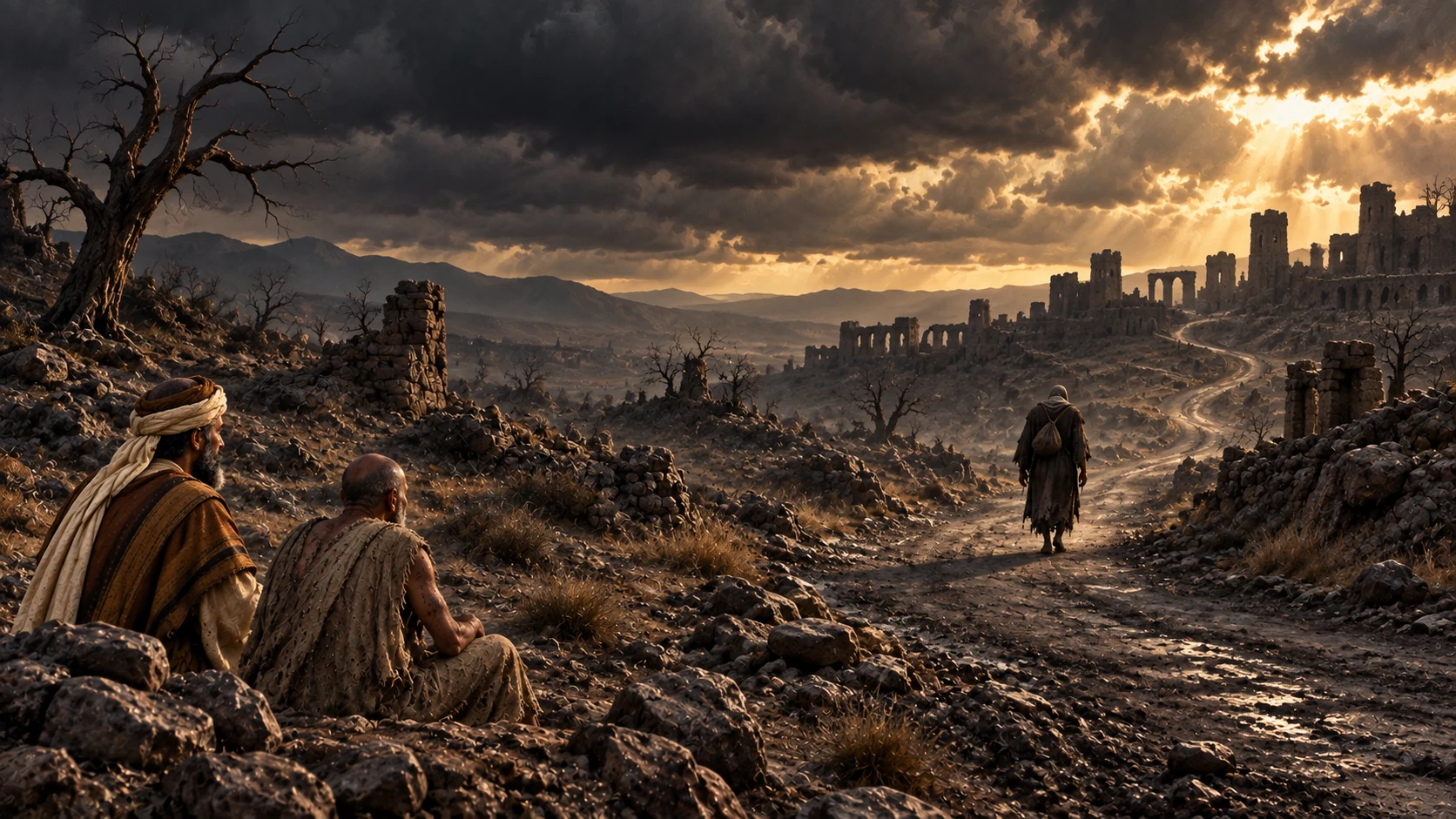 A lonely traveler approaches distant ruins under dark clouds; Eliphaz and Job sit far behind.