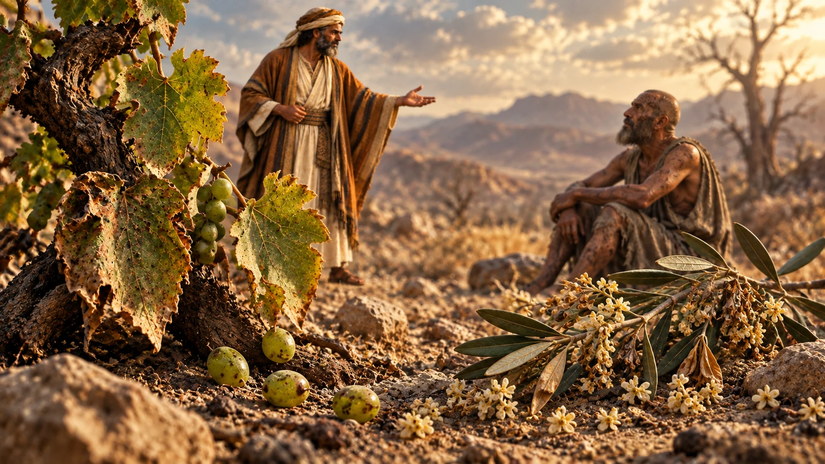 A vine has dropped unripe grapes beside an olive branch as Eliphaz speaks to Job beyond.