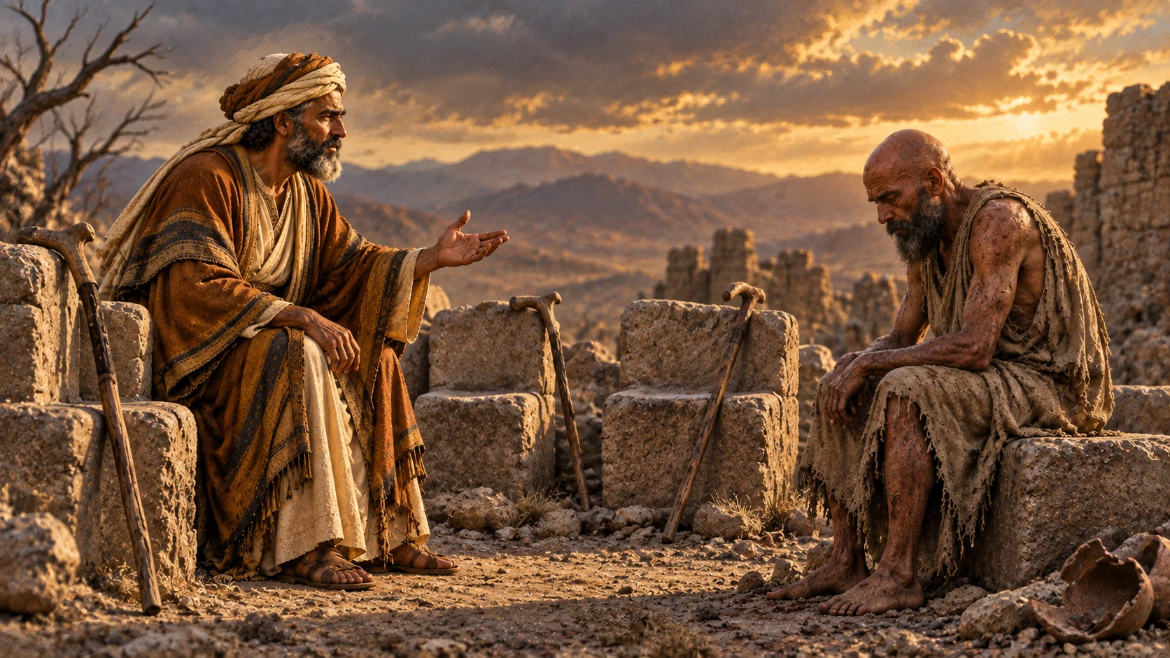 Eliphaz speaks near empty ancient stone seats and walking sticks while Job listens.