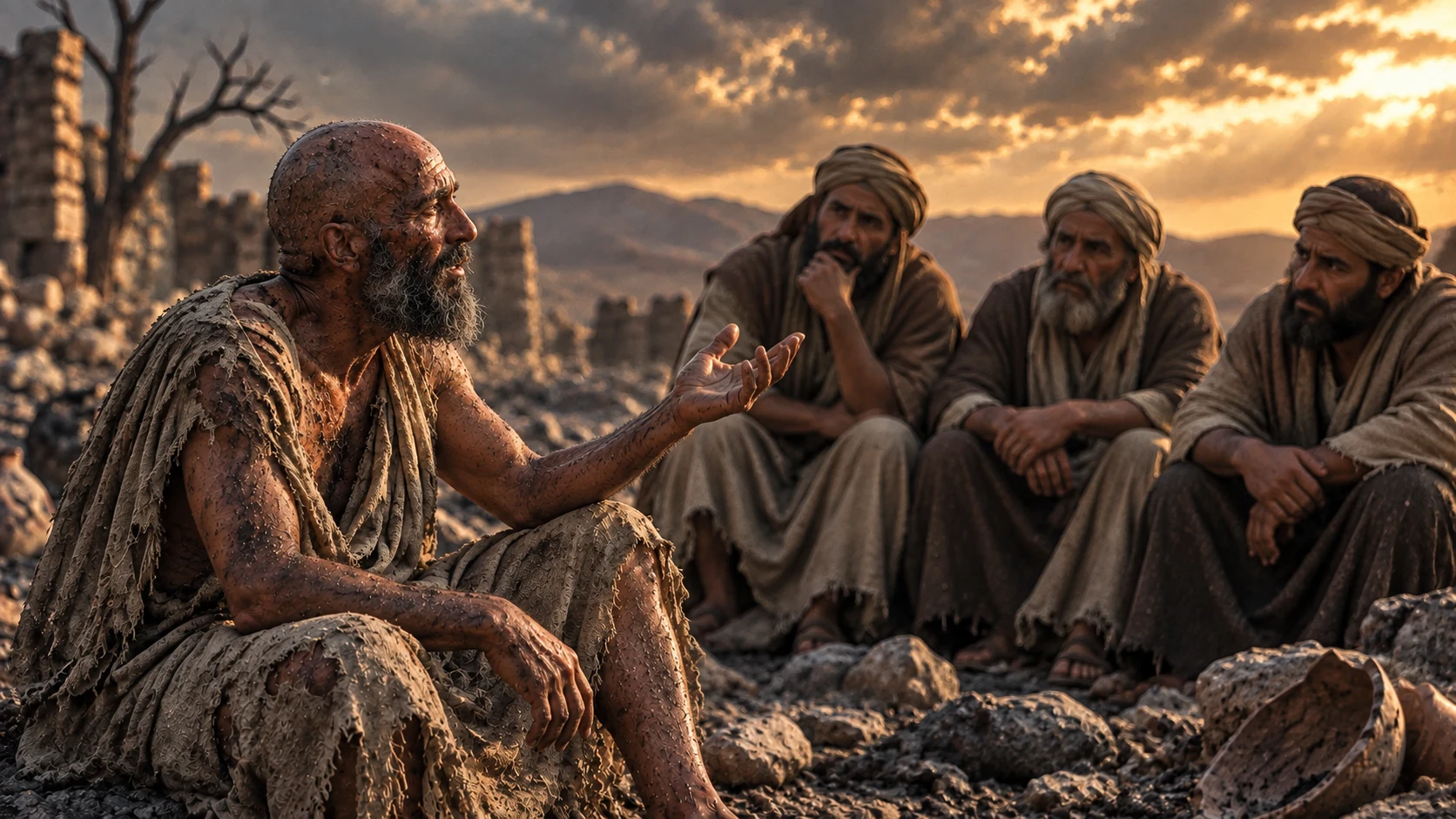 Job speaks to his three seated friends with exhausted firmness.