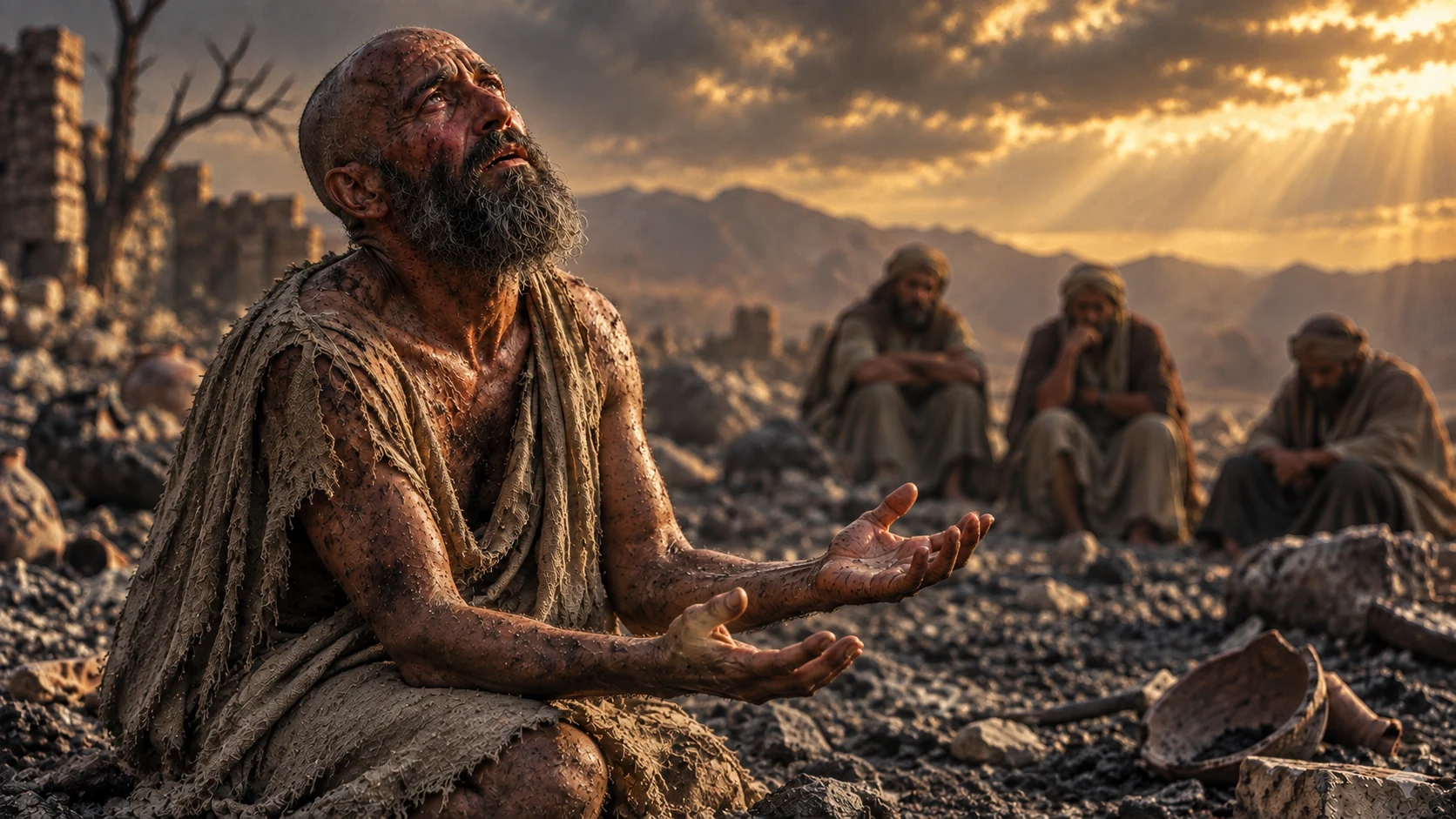 Weeping Job holds open empty hands while his friends sit behind him.