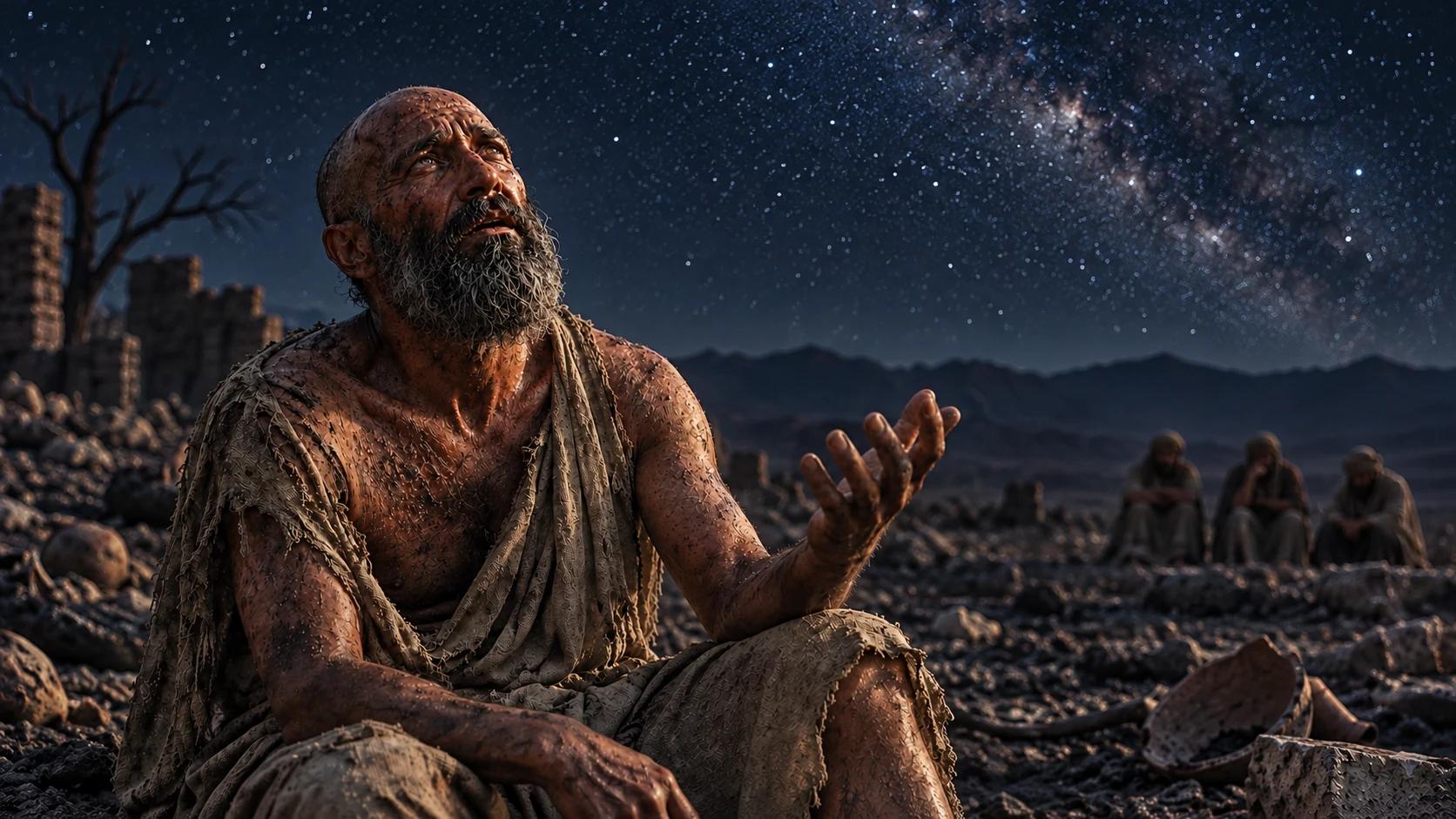Job looks toward an empty star-filled sky as his friends sit far behind.